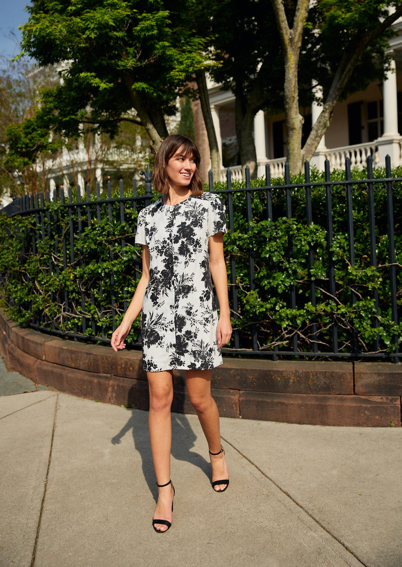 Ellen Dress Black and White Rose Chintz Linen