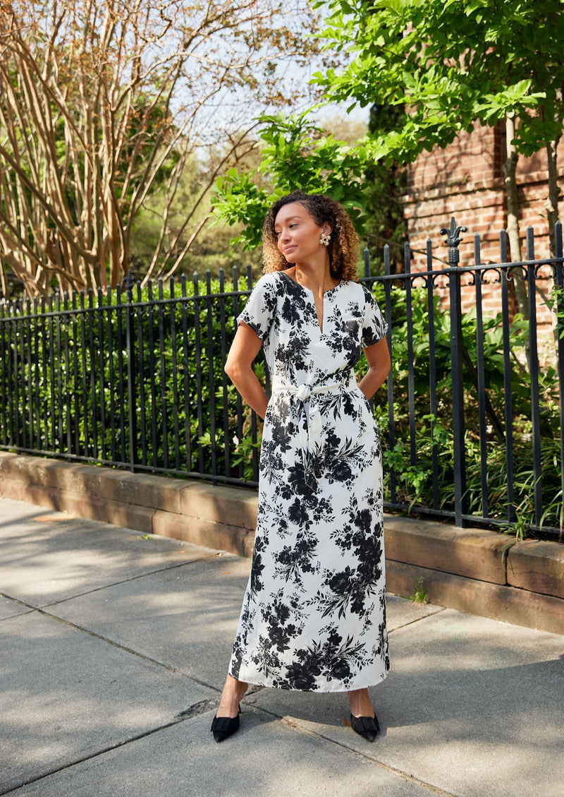 Heidi Gown Black and White Rose Chintz Linen