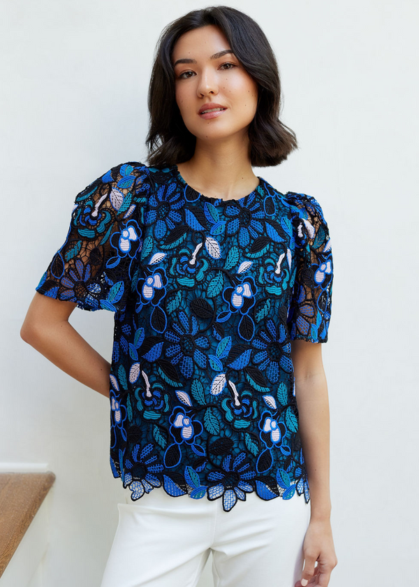 Marty Top Blue Daisy Floral Lace