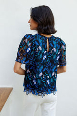 Marty Top Blue Daisy Floral Lace