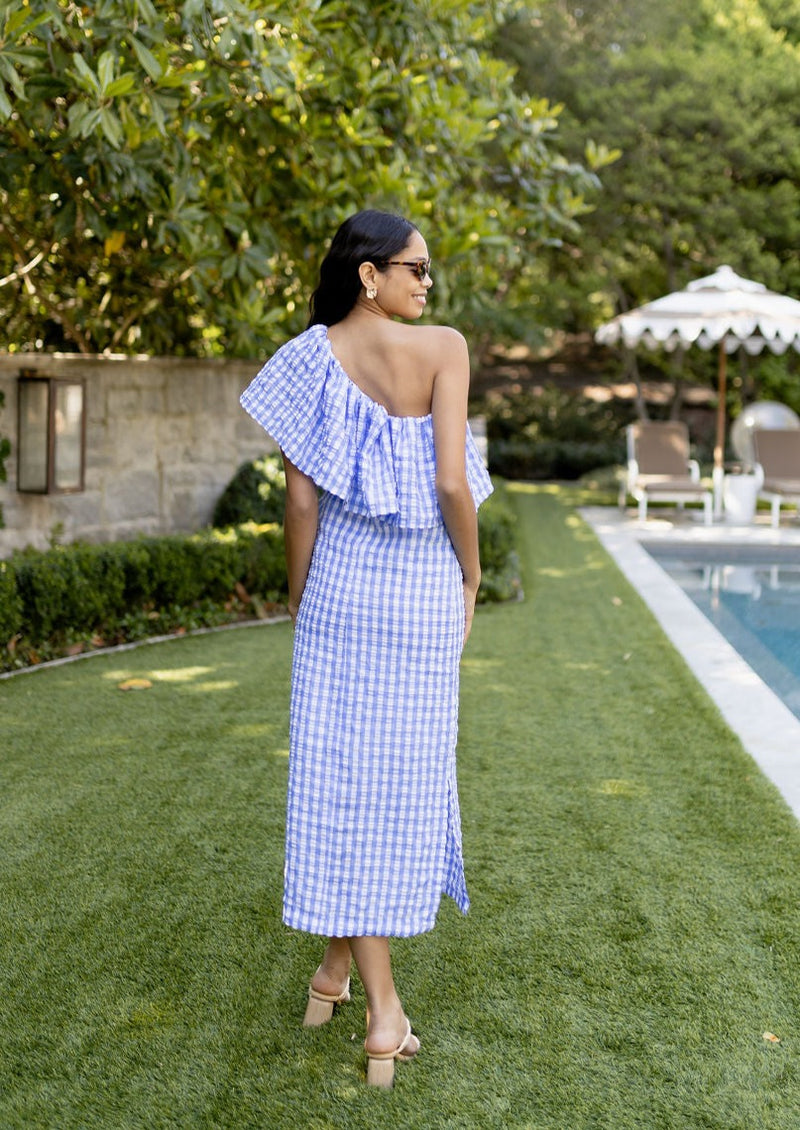 Sutton One-Shoulder Dress Gingham Cornflower Blue