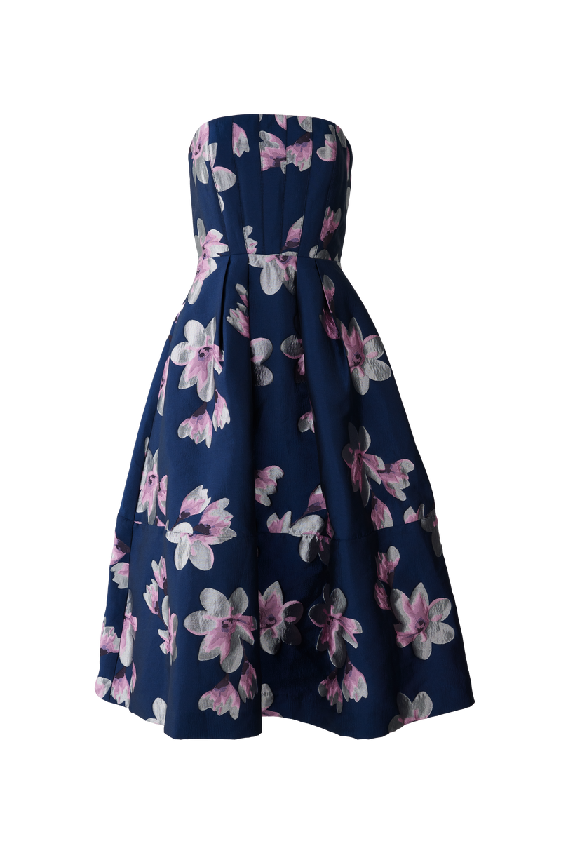 Catherine Dress Blue Plumeria Jacquard