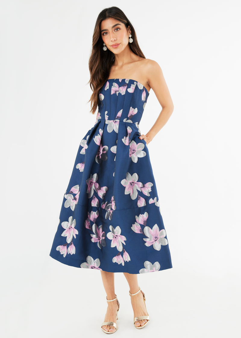 Catherine Dress Blue Plumeria Jacquard