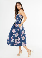 Catherine Dress Blue Plumeria Jacquard