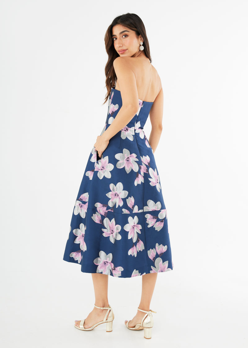 Catherine Dress Blue Plumeria Jacquard