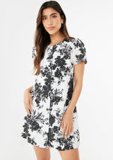 Ellen Dress Black and White Rose Chintz Linen