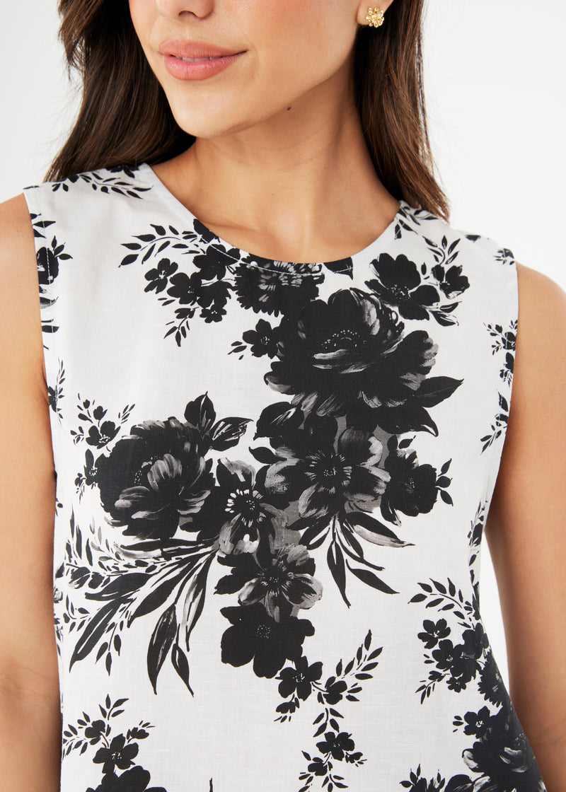 Zoe Top Black and White Rose Chintz Linen