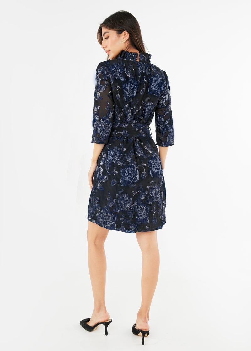 Claudine Dress Navy Metallic Rose Organza