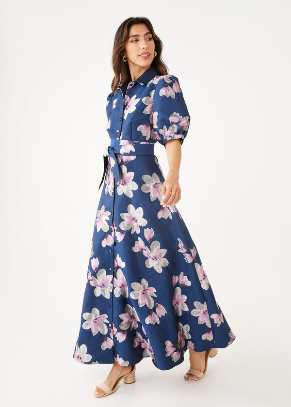 Charlotte Gown Blue Plumeria Jacquard