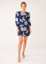 Ellen Dress Blue Plumeria Jacquard