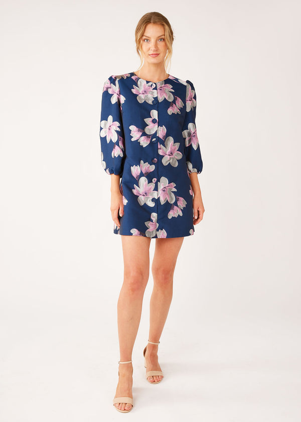 Ellen Dress Blue Plumeria Jacquard