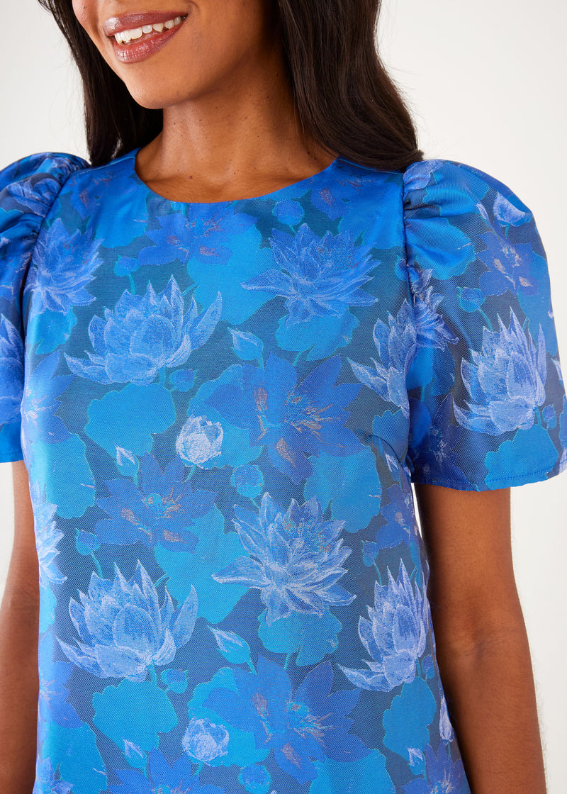 Marty Dress Blue Floral Silhouette Jacquard