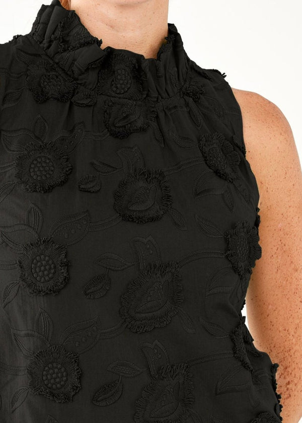 Barbara Black Ruffle Neck Top 3-D Floral