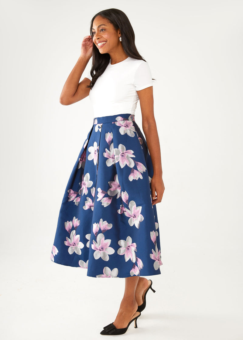 Eden Skirt Blue Plumeria Jacquard