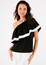 Clementine One Shoulder Top Black and White Linen