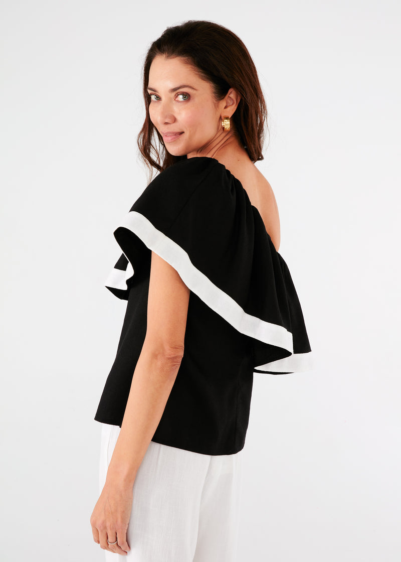 Clementine One Shoulder Top Black and White Linen