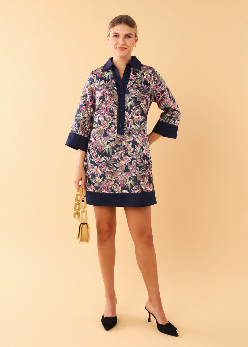 Piper Caftan Dress Navy Palm Jacquard