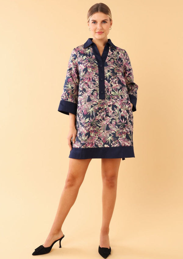 Piper Caftan Dress Navy Palm Jacquard