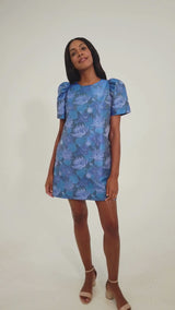 Marty Dress Blue Floral Silhouette Jacquard