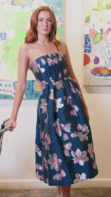 Catherine Dress Blue Plumeria Jacquard