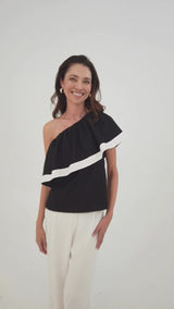 Clementine One Shoulder Top Black and White Linen