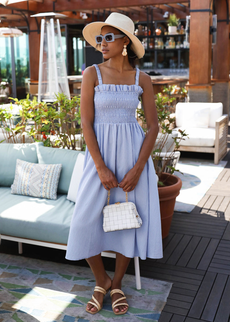 Ashley Smocked Dress Oxford Blue Seersucker